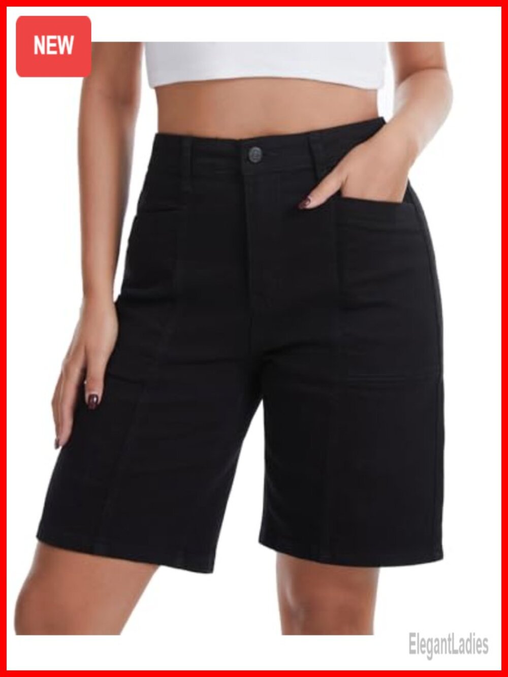 High Waisted Stretchy Denim Bermuda Shorts for Women 10-inch Inseam